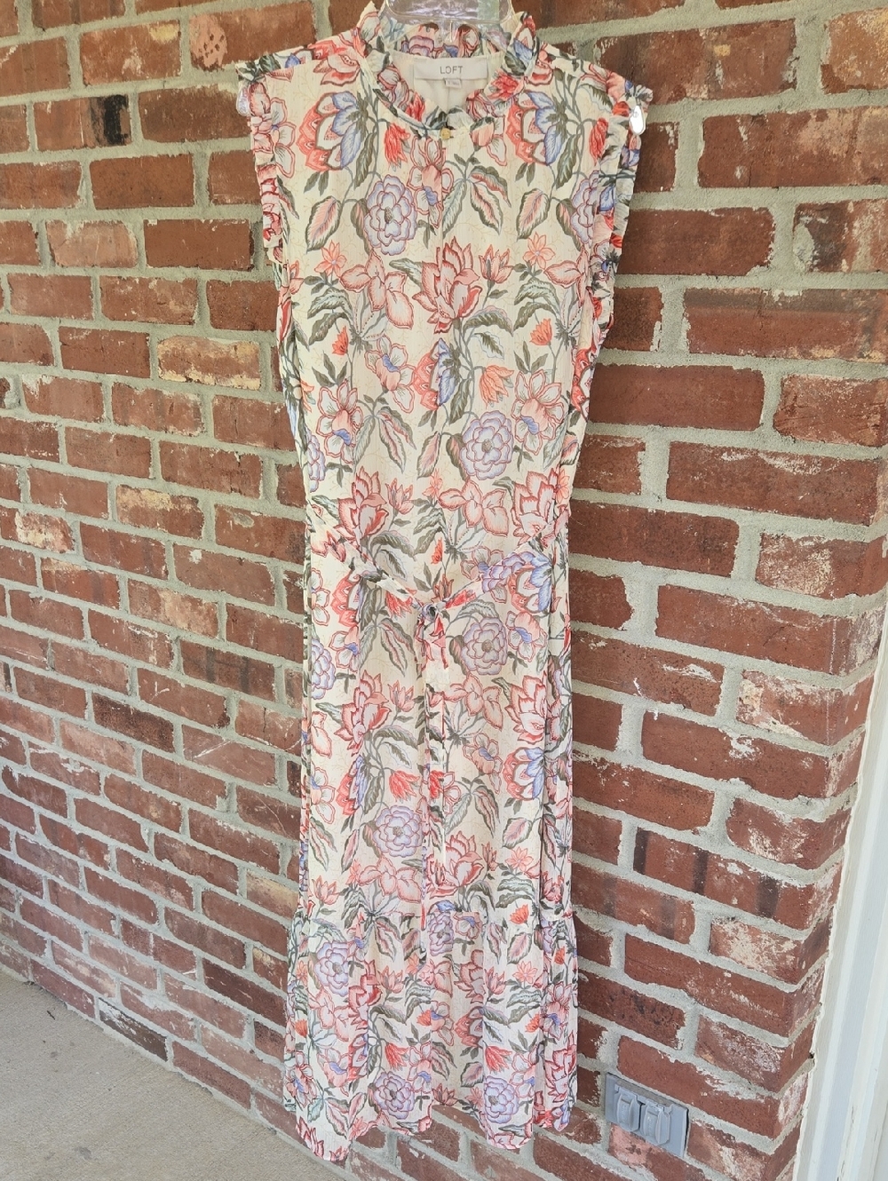 LOFT Cream Midi Dress with Orange, Blue & Green Floral Print